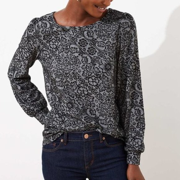 LOFT | Floral Jacquard Damask Cutout Back Top | Black/Gray | X-Large - Picture 2 of 8